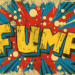 „Comic-Illustration im Vintage-Stil mit dem lautmalerischen Schriftzug ‚FUMP‘ in großen, gelben Blockbuchstaben. Umgeben von roten und blauen Explosionseffekten, weißen Kreisen und schwarzen Linien, die Bewegung und Lautstärke darstellen. Der Hintergrund wirkt wie gealtertes Papier mit Halftone-Textur.“