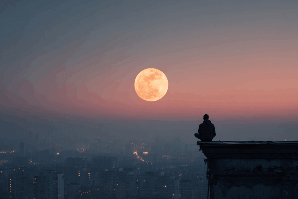 Eine Person sitzt auf dem Rand eines Hochhausdaches und blickt auf eine Stadt im Abenddunst. Am Himmel steht ein übergroßer, orange-goldener Vollmond vor einem sanft rosa-blauen Horizont. Du kannst mich mal - Mond.