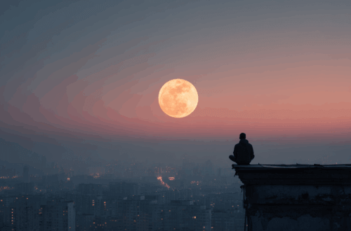 Eine Person sitzt auf dem Rand eines Hochhausdaches und blickt auf eine Stadt im Abenddunst. Am Himmel steht ein übergroßer, orange-goldener Vollmond vor einem sanft rosa-blauen Horizont. Du kannst mich mal - Mond.