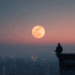 Eine Person sitzt auf dem Rand eines Hochhausdaches und blickt auf eine Stadt im Abenddunst. Am Himmel steht ein übergroßer, orange-goldener Vollmond vor einem sanft rosa-blauen Horizont. Du kannst mich mal - Mond.