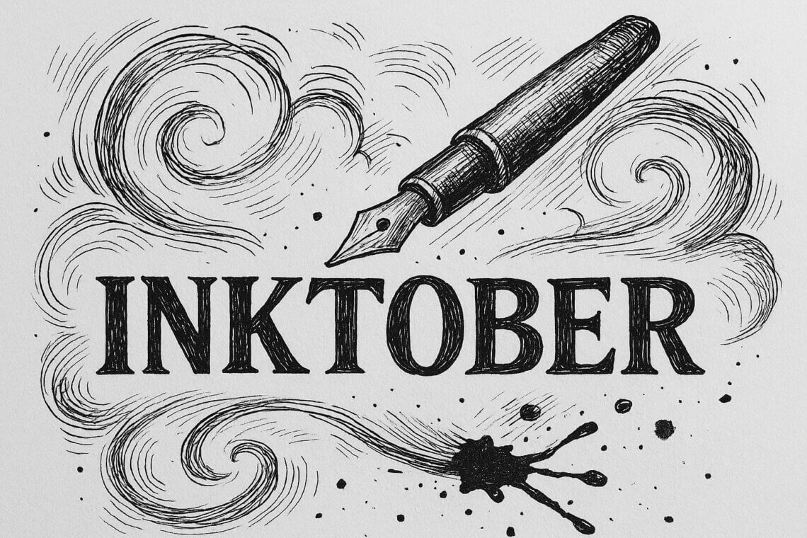 Schwarz-weiße Tuschezeichnung mit dem Schriftzug „Inktober“. Über dem Text schwebt ein gezeichneter Füllfederhalter, umgeben von schwungvollen Linien und Tintenflecken. Symbolbild für Kreativität und Handzeichnung zum Inktober.