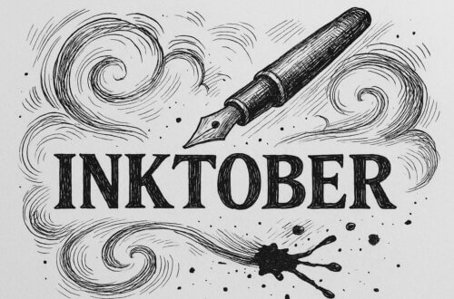 Schwarz-weiße Tuschezeichnung mit dem Schriftzug „Inktober“. Über dem Text schwebt ein gezeichneter Füllfederhalter, umgeben von schwungvollen Linien und Tintenflecken. Symbolbild für Kreativität und Handzeichnung zum Inktober.
