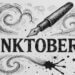Schwarz-weiße Tuschezeichnung mit dem Schriftzug „Inktober“. Über dem Text schwebt ein gezeichneter Füllfederhalter, umgeben von schwungvollen Linien und Tintenflecken. Symbolbild für Kreativität und Handzeichnung zum Inktober.