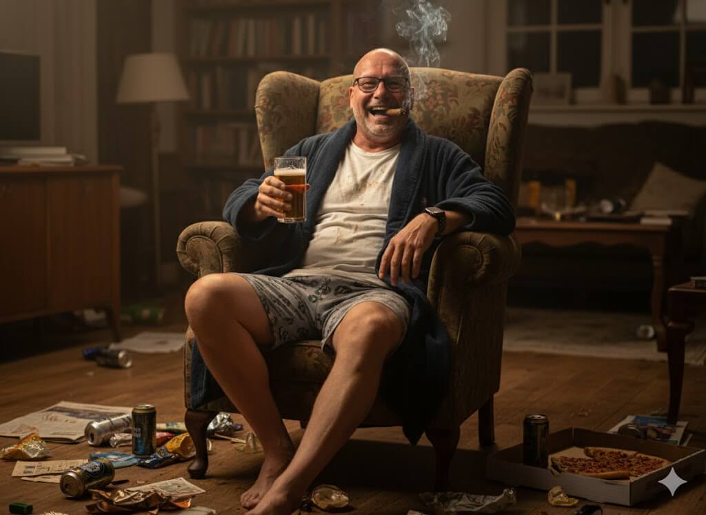 Rentner mit Bier und Zigarre im Sessel – Alltag im Ruhestand mit Humor und Unordnung