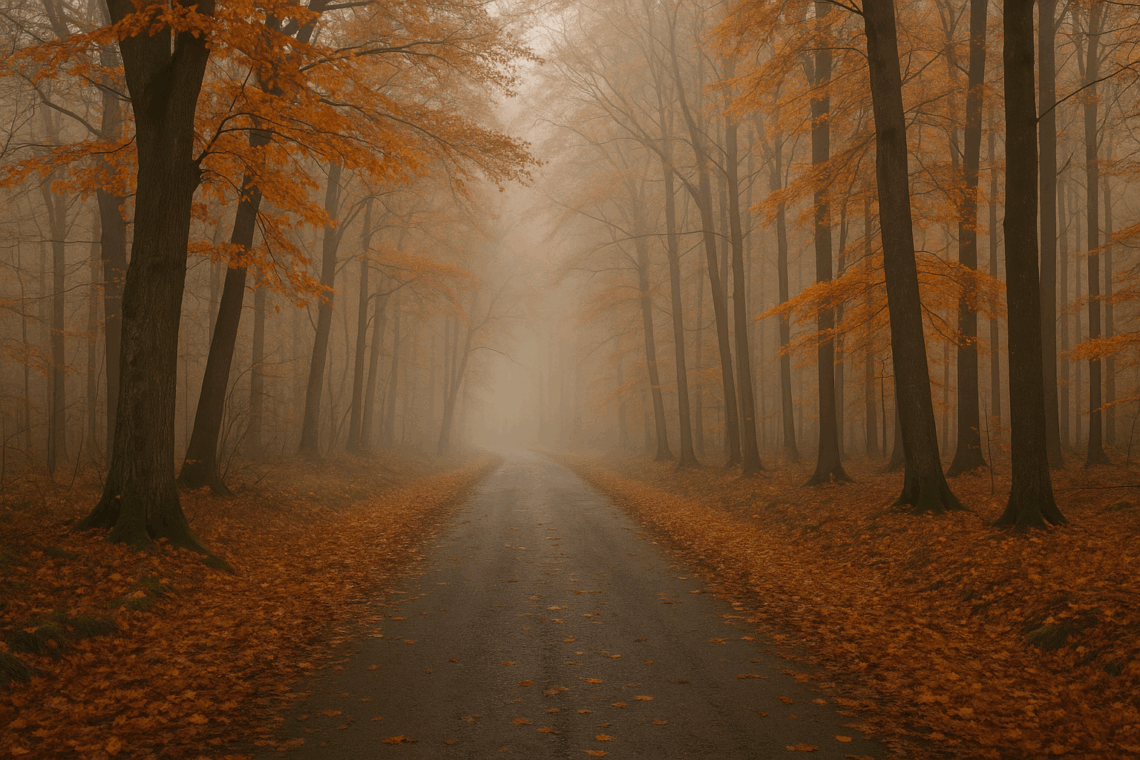Nebliger Herbstweg durch einen Laubwald mit orangefarbenen Blättern und dichtem Nebel, herbstliche Stimmung im November 2025