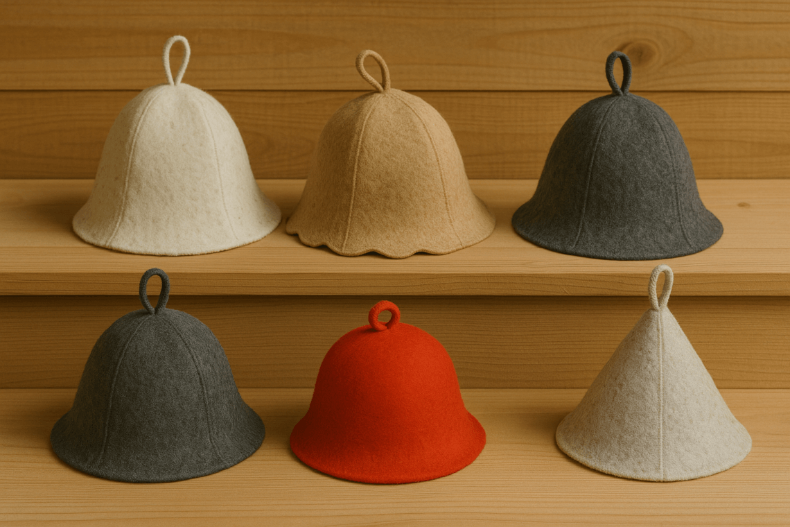 Verschiedene Saunahut-Modelle aus Filz in unterschiedlichen Farben und Formen – von günstig bis handgefertigt. Erfahrungen Saunahut