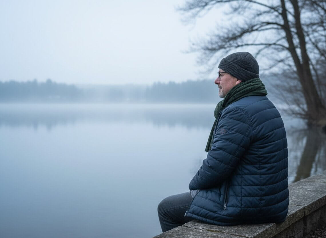 Mann in Winterjacke und Mütze sitzt nachdenklich auf Steinmauer am nebligen See und blickt über das Wasser – Reflektion über das erste Jahr im Ruhestand an einem trüben Wintertag. Jahresrückblick 2025. Erste Bloggerjahr Erfahrungen.