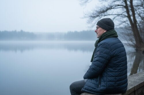 Mann in Winterjacke und Mütze sitzt nachdenklich auf Steinmauer am nebligen See und blickt über das Wasser – Reflektion über das erste Jahr im Ruhestand an einem trüben Wintertag. Jahresrückblick 2025. Erste Bloggerjahr Erfahrungen.