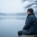Mann in Winterjacke und Mütze sitzt nachdenklich auf Steinmauer am nebligen See und blickt über das Wasser – Reflektion über das erste Jahr im Ruhestand an einem trüben Wintertag. Jahresrückblick 2025. Erste Bloggerjahr Erfahrungen.