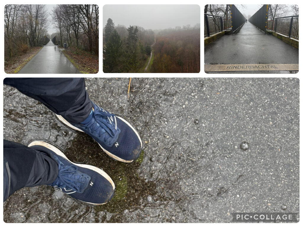 Bildcollage bestehend aus 4 Bildern. Oben links Blick in der Ferne des Panoramaradwegs, Mitte das Rinderbachtal in Velbert von oben, rechts die Saubrücke in Velbert, unten ein paar Turnschuhe in einer Pfütze