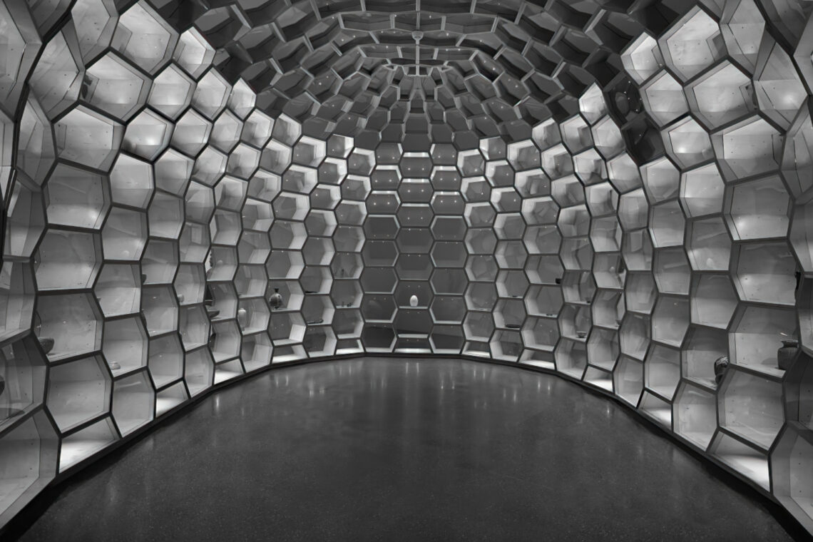 Wabenförmige Rauminstallation mit sechseckigen Elementen aus Beton, perspektivische Verzerrung von unten fotografiert, Folkwang Museum