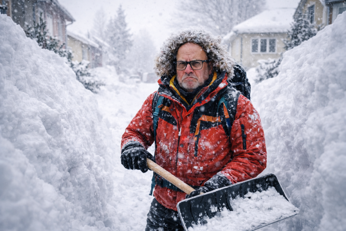 Mann mit Schneeschaufel zwischen hohen Schneewänden in Wohngebiet, Winterchaos Rückblick Januar 2025 von Haldewitzka