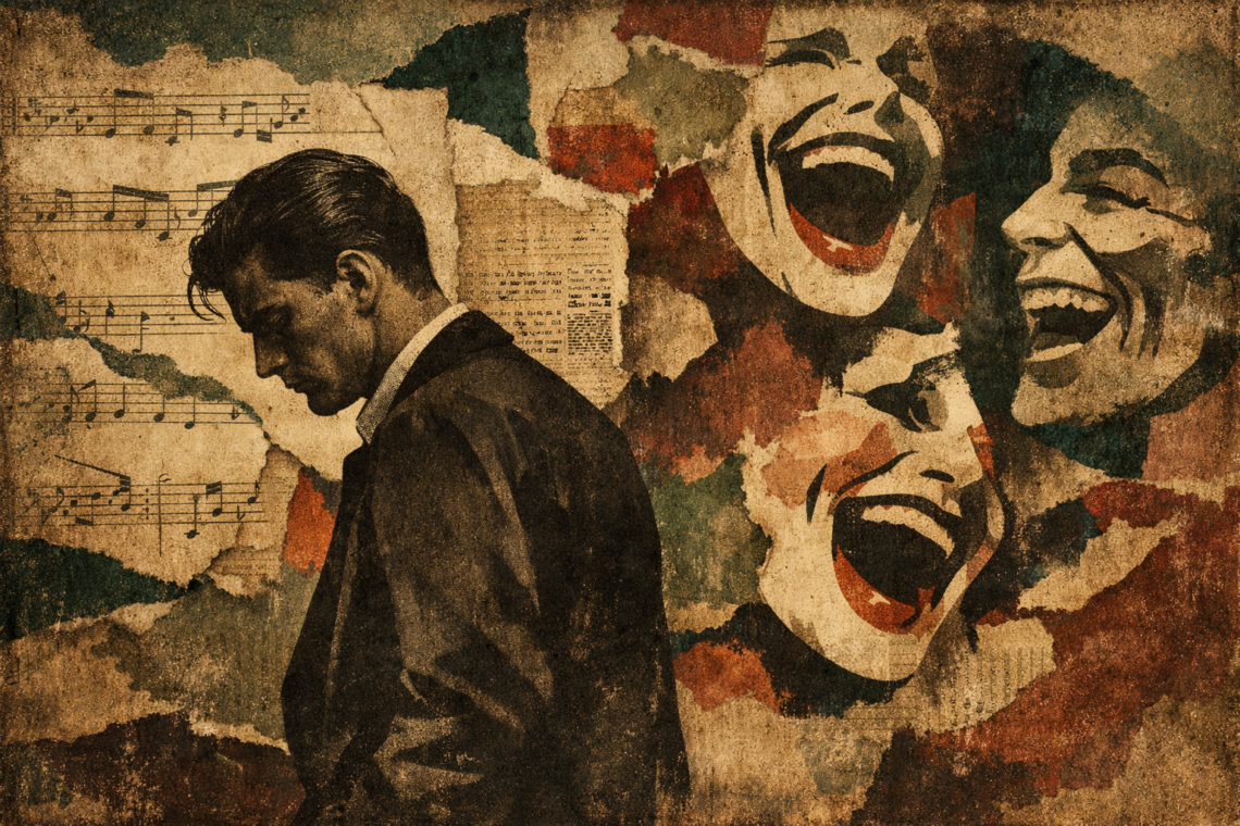 Vintage-Collage im Stil der 1920er Jahre: Ein nachdenklicher Mann im dunklen Anzug, im Hintergrund lachende Gesichter und Notenblätter auf verwittertem Papier. Tod.Gesang.Gelächter.