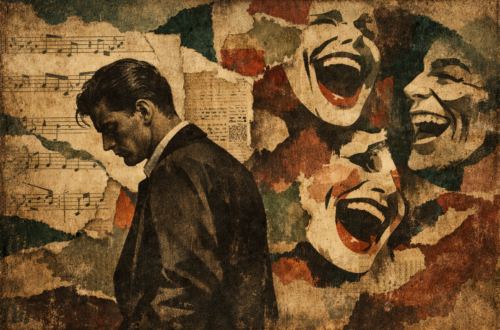 Vintage-Collage im Stil der 1920er Jahre: Ein nachdenklicher Mann im dunklen Anzug, im Hintergrund lachende Gesichter und Notenblätter auf verwittertem Papier.​​​​​​​​​​​​​​​​ Tod.Gesang.Gelächter.