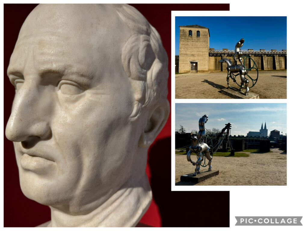 Dreiteilige Collage aus Xanten: links eine weiße Marmorbüste eines römischen Mannes vor rotem Hintergrund, rechts zwei Außenaufnahmen einer modernen Edelstahlskulptur – ein stilisiertes Pferd mit Reiter – vor dem historischen Mauerwerk des Archäologischen Parks