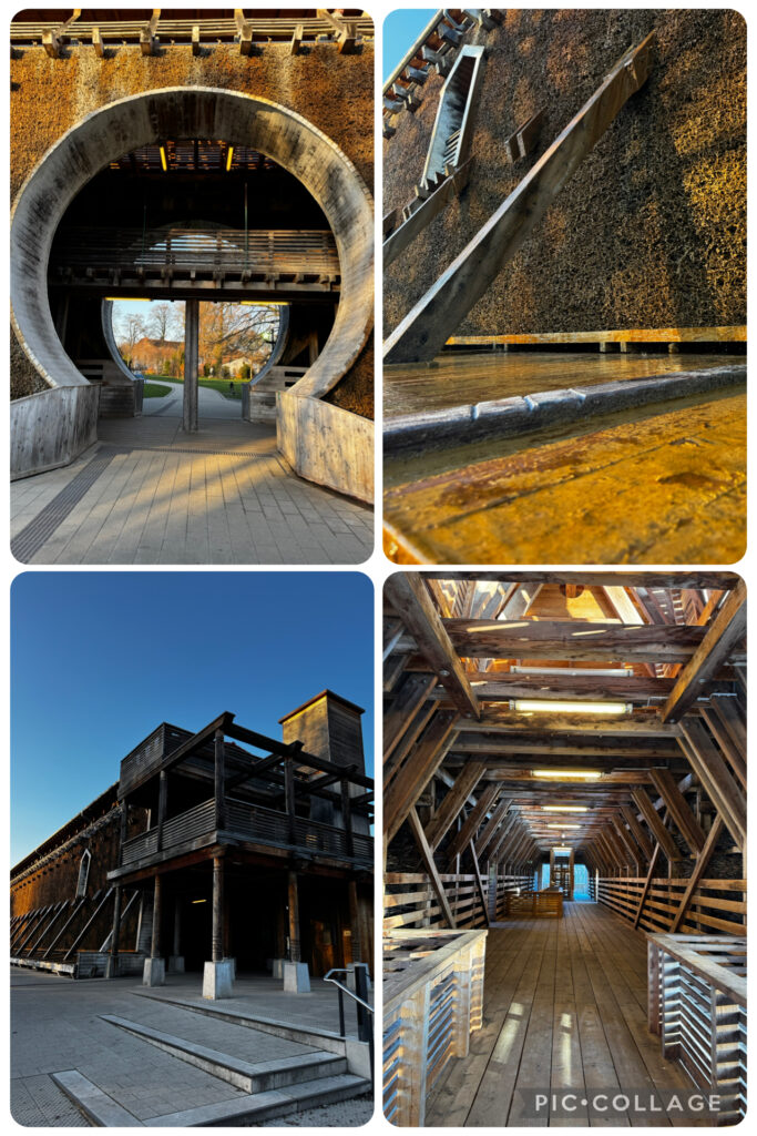 Gradierwerk Bad Sassendorf: Innenansicht mit Rundbogen-Durchgang, Nahaufnahme der Schwarzdornwände mit Soleriese, Holzkonstruktion von innen und außen