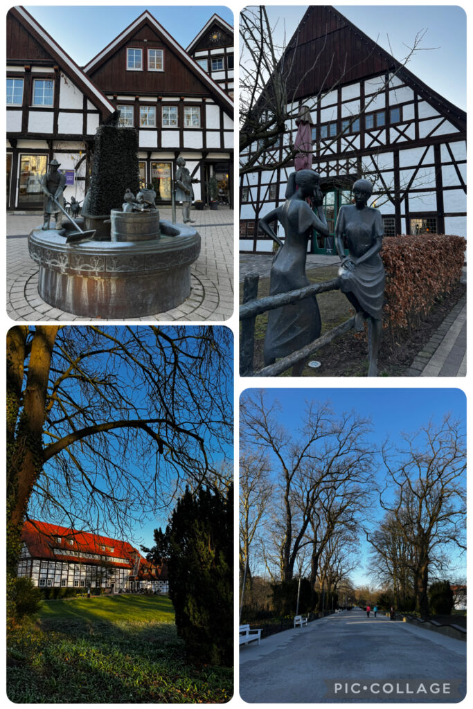 Collage aus Bad Sassendorf: Brunnen mit Bronzefiguren vor Fachwerkhäusern, Skulptur zweier Frauen, Kurpark im Winter mit kahlen Bäumen