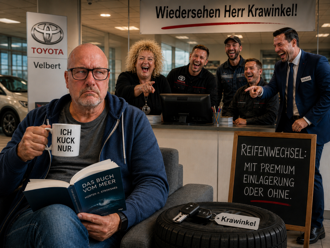 Genervter Mann sitzt beim Reifenwechsel im Toyota-Autohaus in Velbert im Wartebereich, während Mitarbeiter ihn lachend „Herr Steinfurth“ nennen.