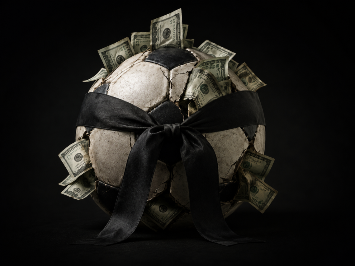 Ein einzelner Fußball mit schwarzem Trauerflor auf schwarzem Hintergrund. Aus feinen Rissen im Ball quellen Dollarscheine hervor. Dramatische Beleuchtung, symbolisch für den Tod des ursprünglichen Fußballs durch Kommerzialisierung. Minimalistisch, hochwertig, satirisch, 4:3.