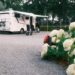 Weißes Wohnmobil mit ausgefahrener Markise und Campingstühlen auf einem Stellplatz mit blühenden weißen Hortensien im Vordergrund.