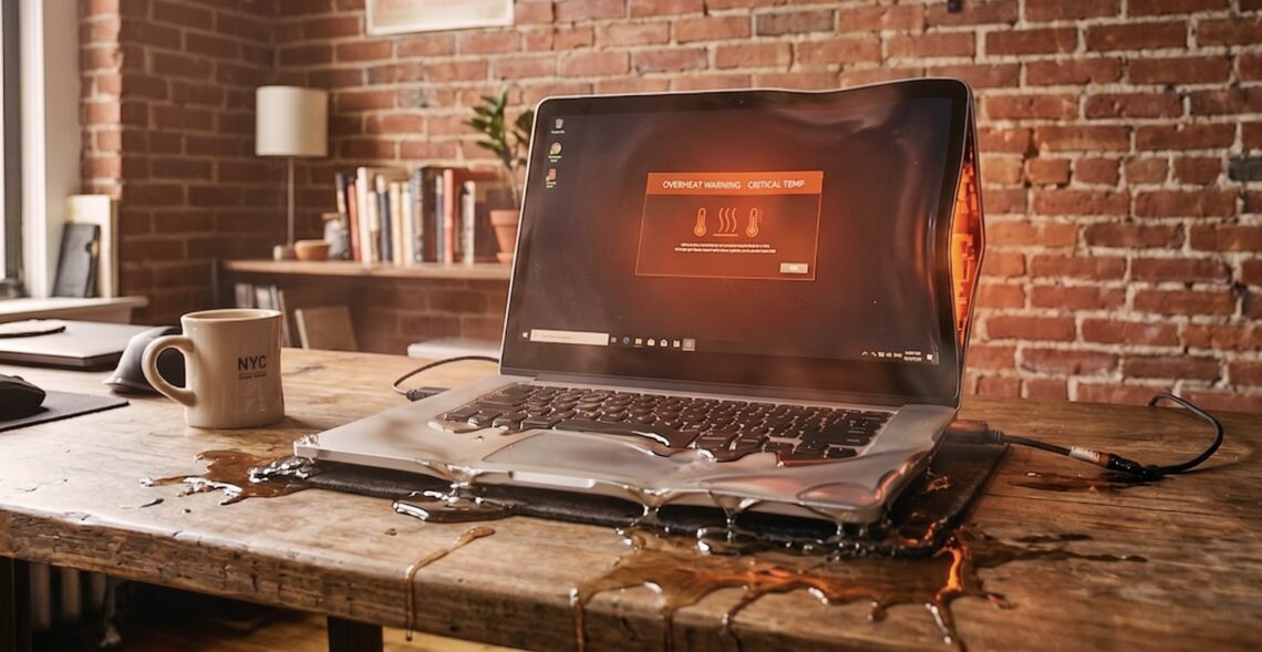 Eine fotorealistische Nahaufnahme eines brennenden oder schmelzenden Laptops auf einem rustikalen Holztisch in einem Loft-Büro mit Ziegelsteinwand. Das schwarze Notebook-Gehäuse ist verzerrt, verformt und tropft geschmolzenes Plastik wie Lava auf die Tischoberfläche. Auf dem Bildschirm ist eine rote Überhitzungswarnung zu sehen. Rauch steigt vom Gerät auf. Neben dem Laptop stehen ein