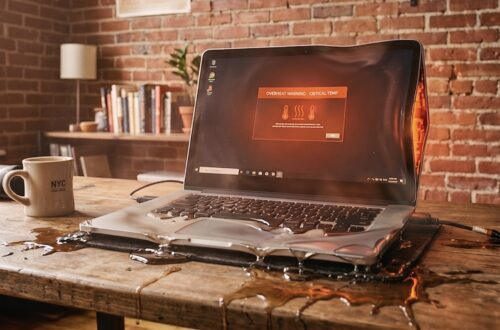 Eine fotorealistische Nahaufnahme eines brennenden oder schmelzenden Laptops auf einem rustikalen Holztisch in einem Loft-Büro mit Ziegelsteinwand. Das schwarze Notebook-Gehäuse ist verzerrt, verformt und tropft geschmolzenes Plastik wie Lava auf die Tischoberfläche. Auf dem Bildschirm ist eine rote Überhitzungswarnung zu sehen. Rauch steigt vom Gerät auf. Neben dem Laptop stehen ein