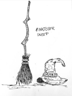 Zauberbesen mit krummem Holzstiel neben altem Hexenhut auf dem Boden. Inktober 2025 by haldewitzka, Martin Pesch