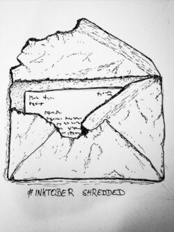 Geöffneter, zerfetzter Brief mit sichtbarem handgeschriebenem Text. Inktober by haldewitzka, Martin Pesch