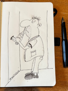 Humorvolle Federzeichnung eines Mannes mit großem Kopf und Bohrmaschine in der Hand, der gedankenverloren an einer Wand steht. Schwarz-weißer Cartoon im Skizzenbuchstil, aufgenommen mit Füllfederhalter daneben.