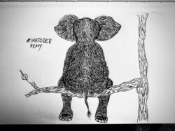 Elefant sitzt rücklings auf einem dünnen Ast zwischen zwei Bäumen. Inktober 2025 by haldewitzka, Martin Pesch