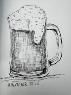 Bierkrug mit Schaumkrone, gezeichnet mit schwarzer Tinte. Inktober, Inktober2025 von Haldewitzka, Martin Pesch