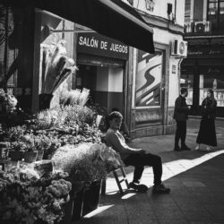 Junger Mann sitzt vor einem Blumenstand neben dem Schriftzug Salón de Juegos auf einem Bürgersteig in Sevilla, hartes Seitenlicht, Schwarzweiß-Streetfoto